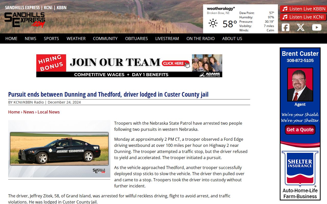 Custer County booking-record news report about a pursuit and county-jail lodging