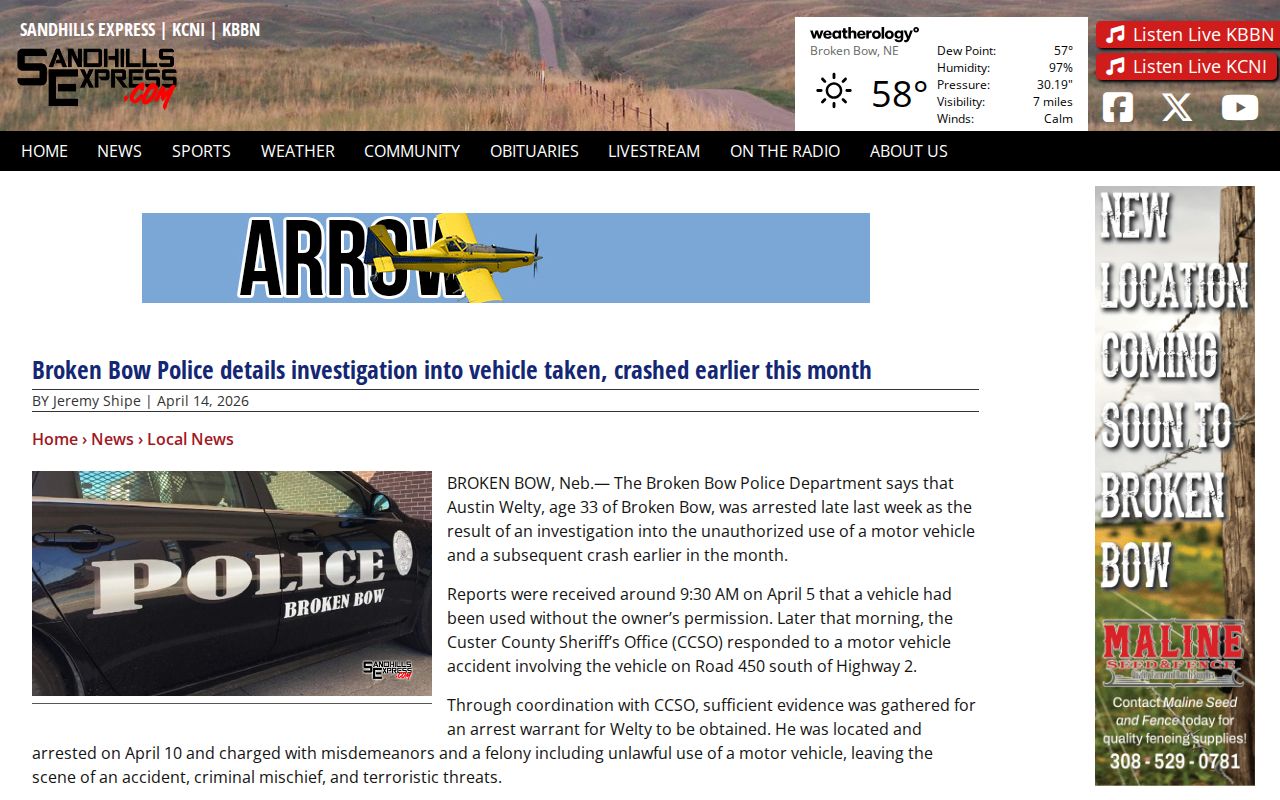 Custer County police-record news article about a Broken Bow investigation