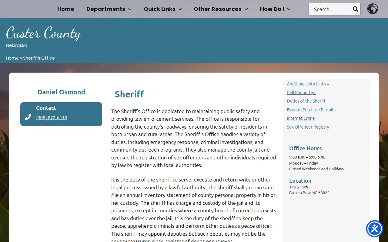 Custer County sheriff official jail custody and booking record contact page