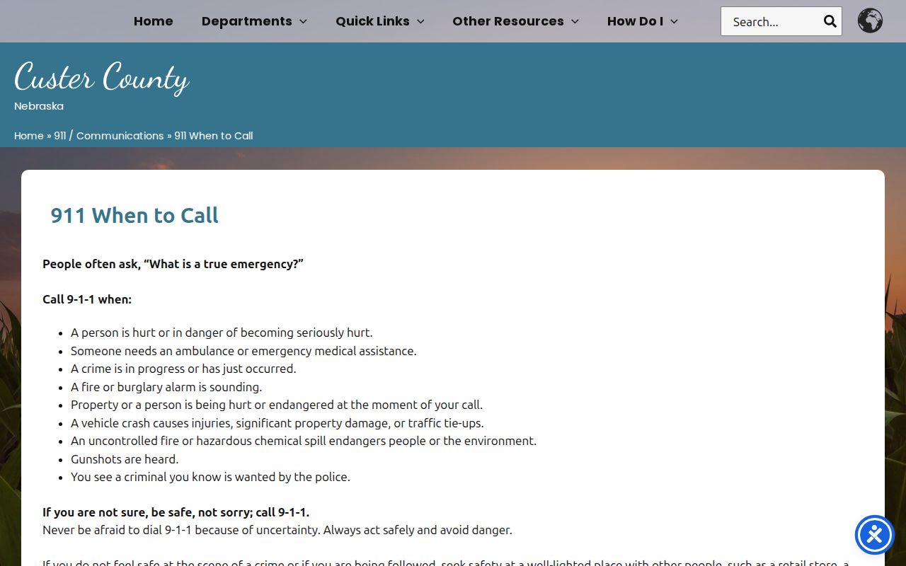 Custer County warrant-record safety guidance from the official 911 information page
